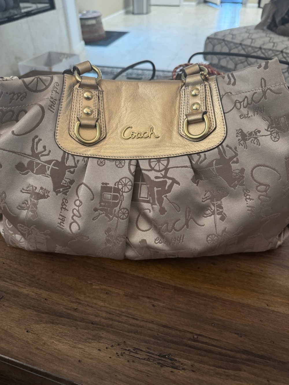 Coach Shoulder Bag in Taupe and Metallic Gold